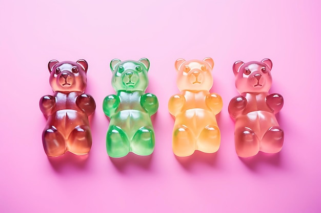 Veelkleurige gummy cbd beren op een roze achtergrond Uitzicht van boven Horizontale foto
