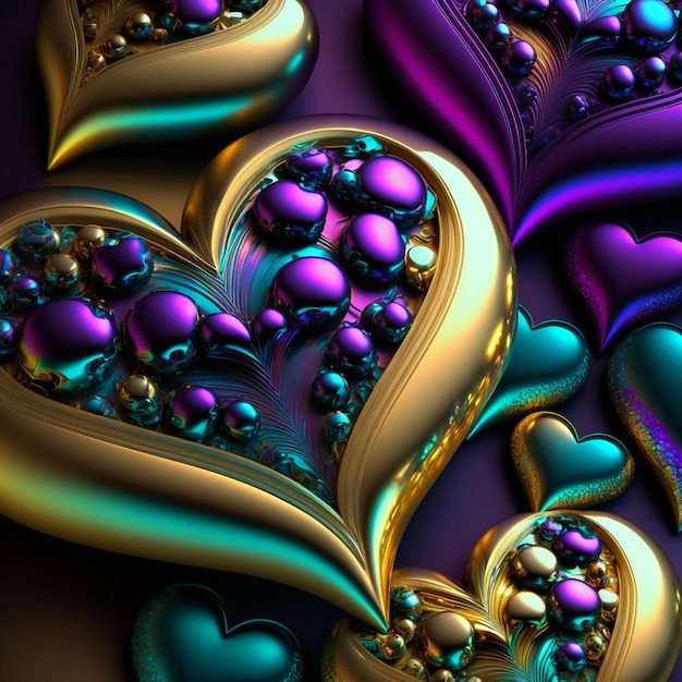 Veelkleurige hart achtergrond. Valentijnsbehang met blauwgoud en violette liefdesharten. 3D-visualisatie