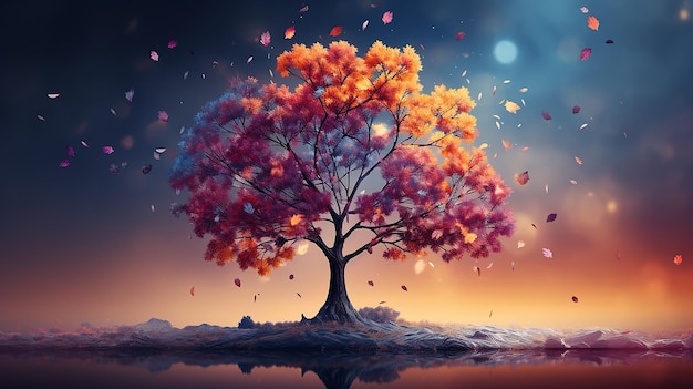 veelkleurige herfstboom is een symbool van de natuur op een ongewone achtergrond computergraphics logo