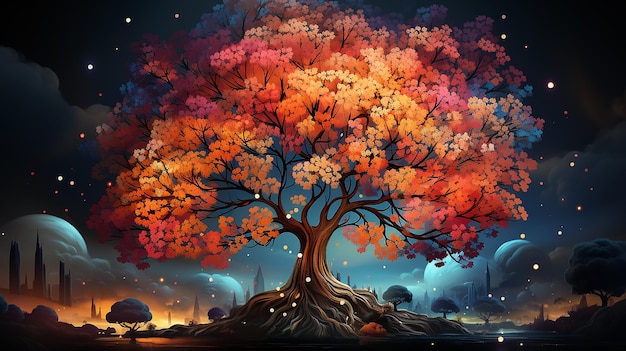 veelkleurige herfstboom is een symbool van de natuur op een ongewone achtergrond computergraphics logo