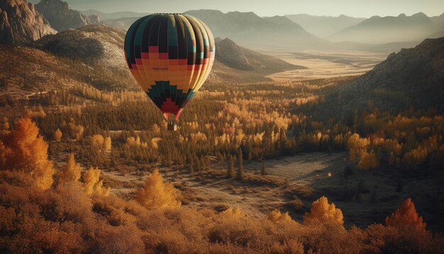 Veelkleurige heteluchtballon die hoog over een bergketen vliegt, gegenereerd door kunstmatige intelligentie
