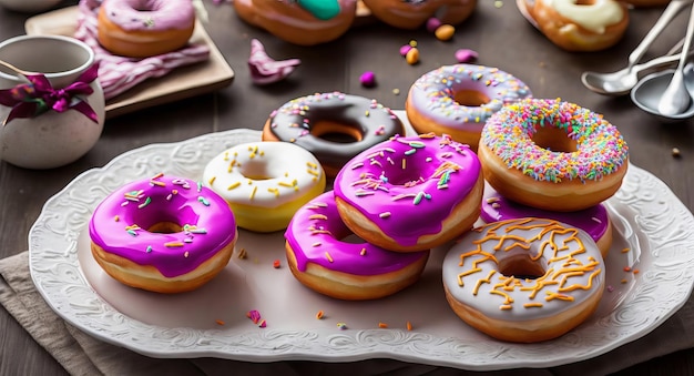 Veelkleurige kleurrijke donuts op een mooie plaat AI gegenereerd