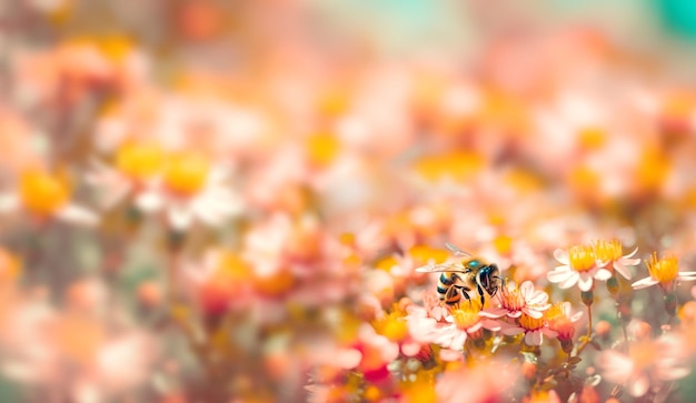 Veelkleurige kosmos bloemen in de weide in de lente zomer natuur selectieve soft focus vliegende bij