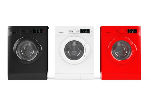 Veelkleurige moderne wasmachines op een witte achtergrond. 3D-rendering