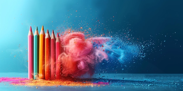 Veelkleurige potlood explosie van kleurrijke pigmenten creativiteit magie en inspiratie artistiek idee