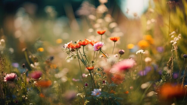 Veelkleurige prachtige wilde bloemen bloeien op een groene weide Warme zomer avond Generatieve AI