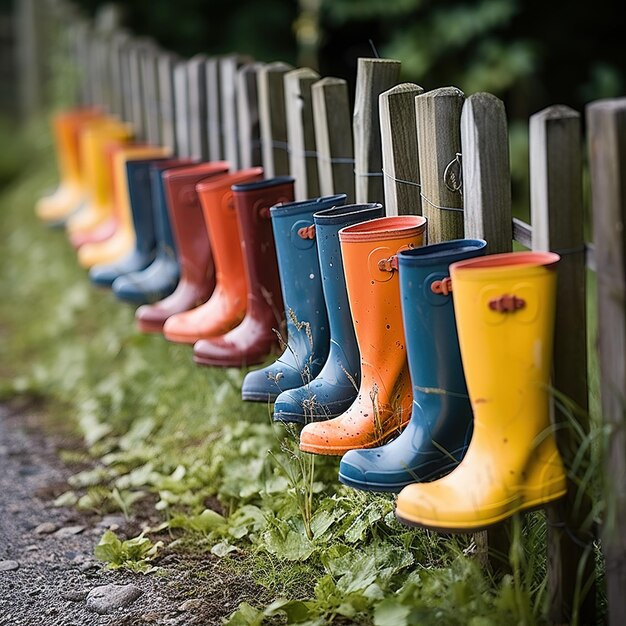 Veelkleurige rubberen laarzen hangen aan een houten hek Houten hek met overschoenen