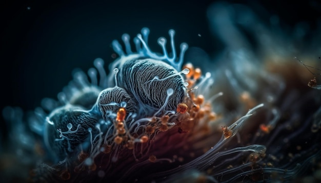 Veelkleurige tentakels zwaaien in blauwe zoutwaterafgrond gegenereerd door AI