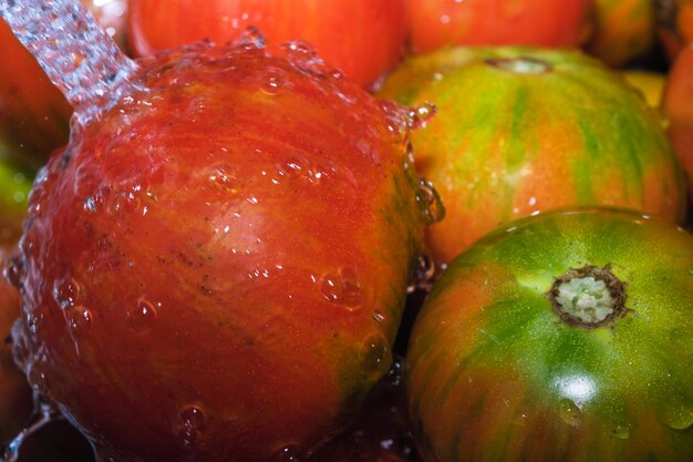 Veelkleurige tomaten worden gewassen in een stroom van schoon water close-up macrofotografie