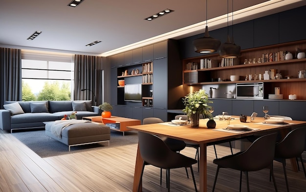 Veelzijdig wonen Modern interieur Kamer als tv-kamer en kantoor Generatieve AI