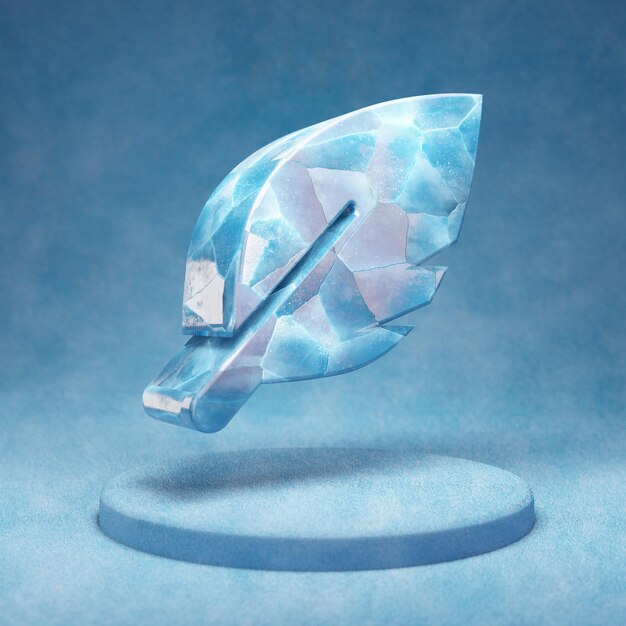 Veer pictogram. Gebarsten blauw Ice Feather-symbool op blauw sneeuwpodium. Social Media Icon voor website, presentatie, ontwerpsjabloon element. 3D render.