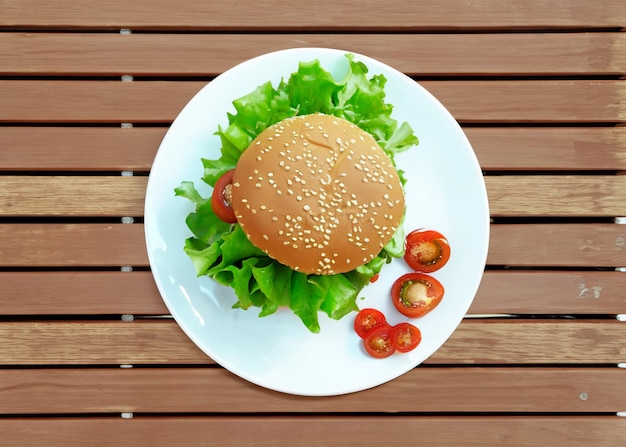 Photo veg burger on bench