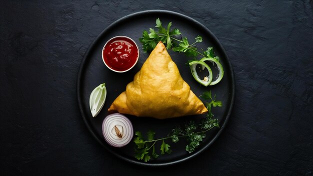 Photo veg samosa is an indian popular snack or junk food served with fried green chilly onion and chutney