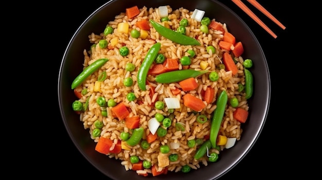 Photo veg schezwan fried rice in black bowl isolated