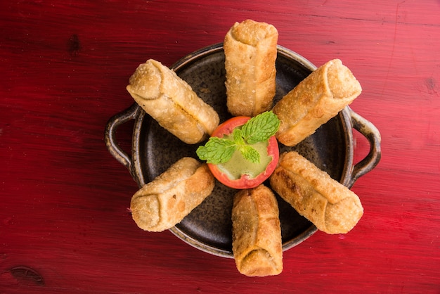 Veg Spring Rolls with mint leaf and green chutney or Tomato Ketchup. Selective focus