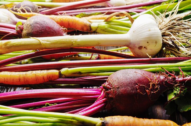 Foto sfondo vegano di barbabietole fresche biologiche aglio verde e carote