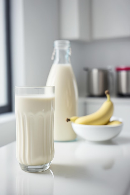 Vegan banana milk with almonds on a white tableGenerative AI