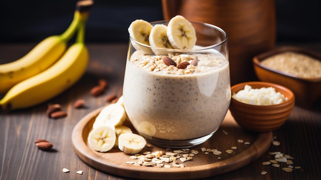 Vegan banana and oatmeal smoothie in glass jar on the light background Generative AI