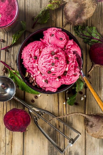 Vegan beets ice cream with chocolate drops