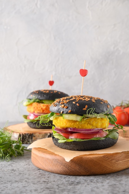 Vegan black burger of vegetables cabbage and carrot meatball as plant based meat