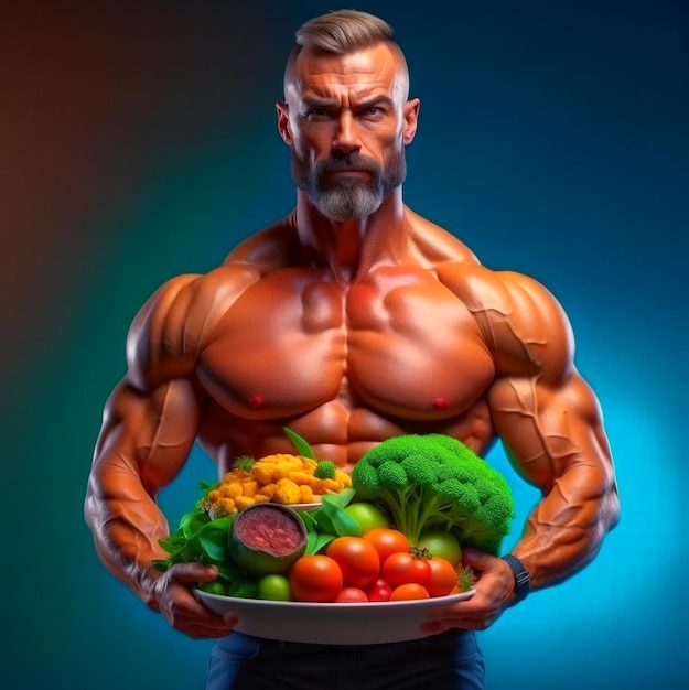 Vegan bodybuilder man with health plantbased diet