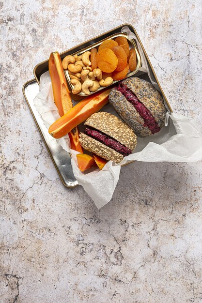 Vegan boxed food take away from above. Healthy food concept. Flat lay