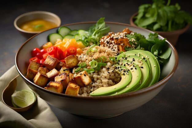 Vegan Buddha bowl with various grains vegetables