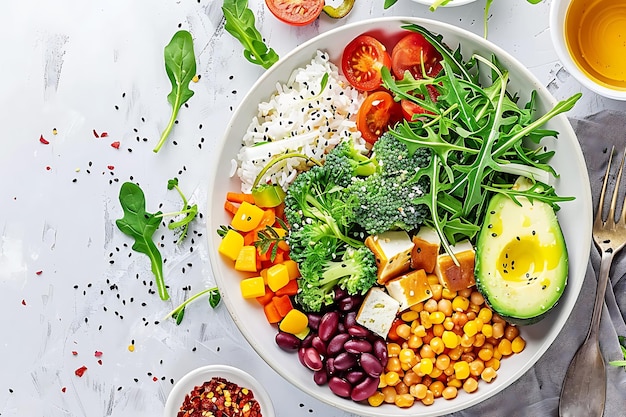 Vegan buddha bowl with vegetable healthy food top view