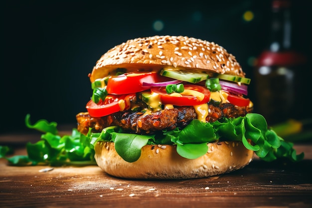 vegan burger with fresh bun and vegetables dieting vegan food concept