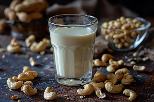 Vegan cashew milk in glass with cashews nuts on dark background