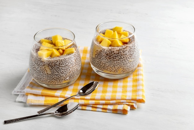 Vegan chia coconut pudding with mango on white background. Healthy nutrition, superfood. Closeup view.