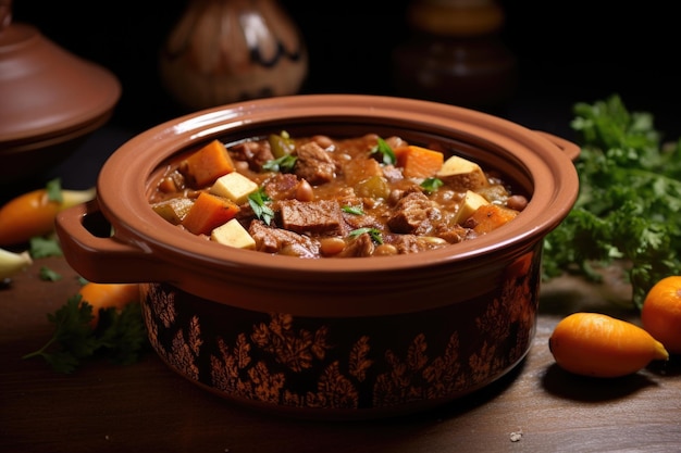 Vegan cholent in een terracotta pot