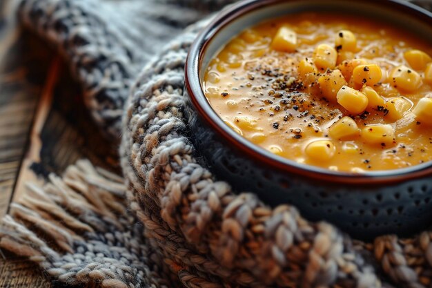 A vegan corn chowder in a cozy setting