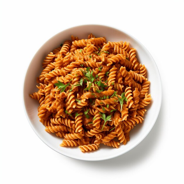 Vegan Creamy Spicy Fusilli on white background