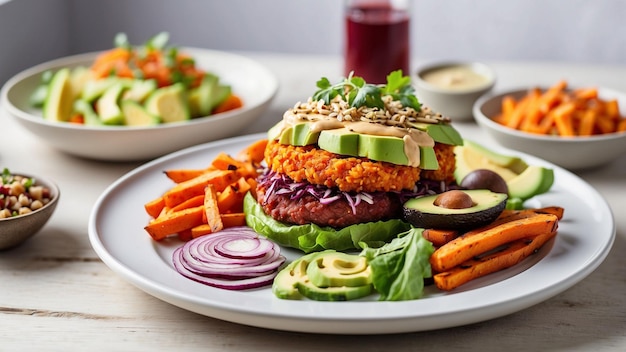 Foto cucina vegana con un piatto vario e colorato su un tavolo di legno bianco in un ristorante includono piano