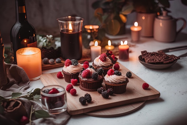 Photo vegan dessert on a rustic table and candles lighting healthy diet nutrition concept