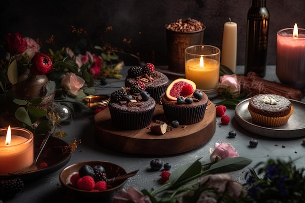 Vegan dessert on a rustic table and candles lighting Healthy diet nutrition concept