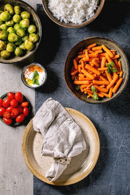 Vegan dinner table with rice and vegetables