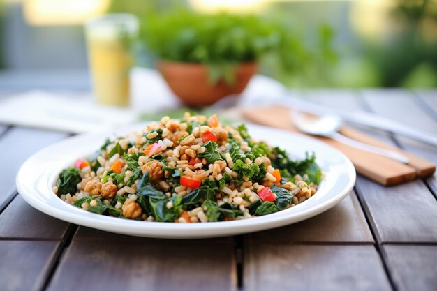 Vegan farro salad with chickpeas and baby kale