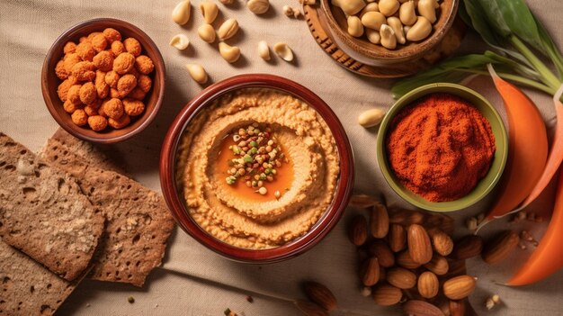 Photo vegan food hummus and muhammara on the table