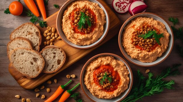 Photo vegan food hummus and muhammara on the table