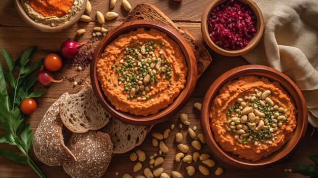 Photo vegan food hummus and muhammara on the table