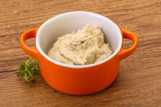 Vegan food hummus with olive oil