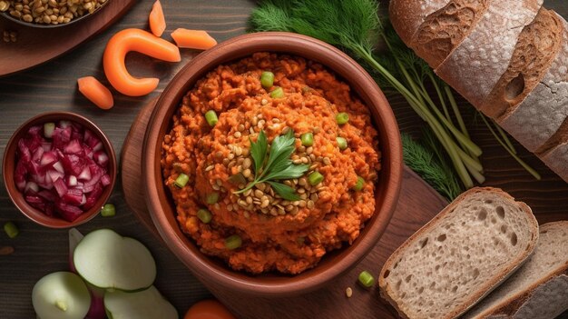 Photo vegan food muhammara on the table top down view