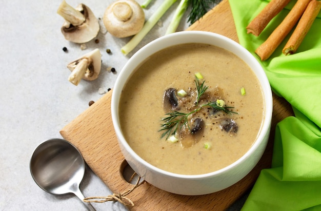 Vegan food Mushroom soup puree with cream champignons and vegetables Copy space