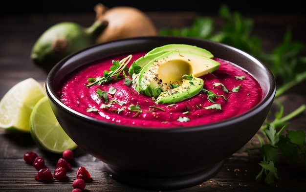 Foto cibo vegano estivo zuppa di barbabietola fredda gazpacho con lime