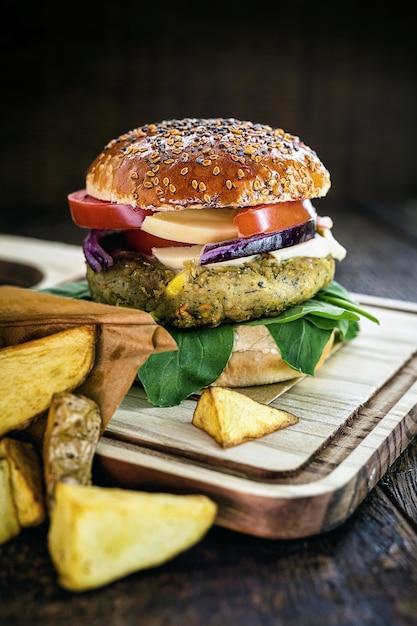 Vegan hamburger, without meat, snack based on seeds, soy, plants and protein