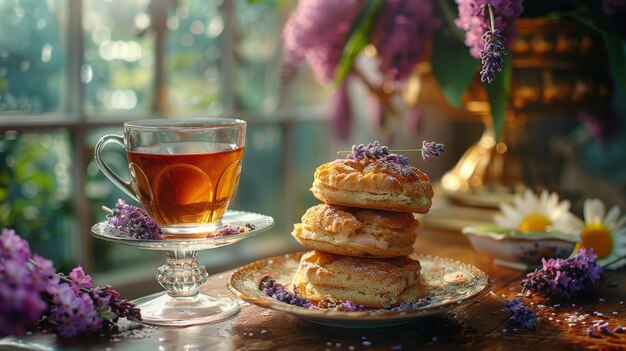 Foto vegano hightea panini al cetriolo tè alla lavanda pomeriggio elegante fotorealistico hd