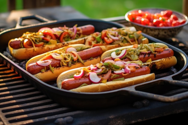 Vegan hotdogs koken op een gietijzeren grillplaat gemaakt met generatieve AI