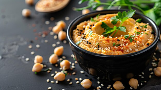 Vegan hummus met kikkererwten, sesam en groenten in een zwarte schaal